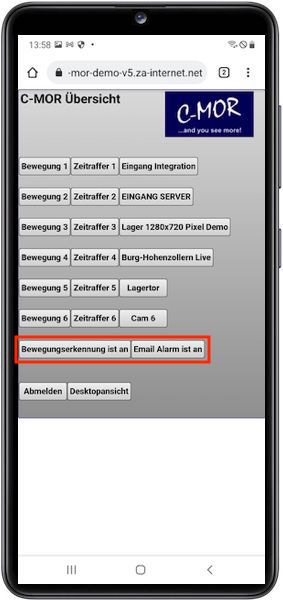 E-Mail und Bewegungsarlarm können bequem aus-/eingeschaltet werden. Damit lässt sich C-MOR auch als Alarmanlage nutzen.