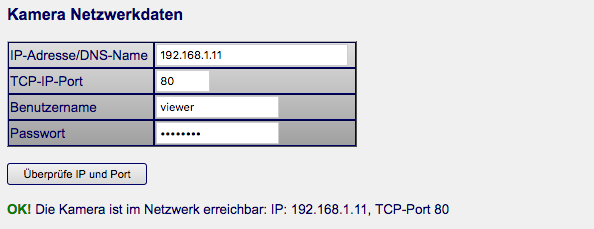 Erfolgreicher Test der Kameraerreichbarkeit. Die ausgewählte Kamera ist von C-MOR aus erreichbar.