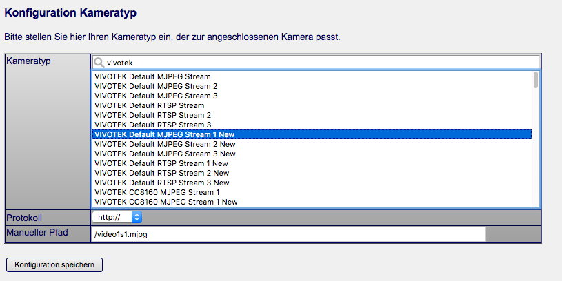 Kamerauswahlmenü enthält eine Suchfunktion für Kamerahersteller bzw. Modellnamen.