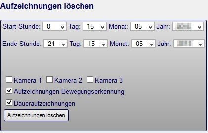 Auswahl Datum und Kamera um Videoüberwachungsaufnahmen zu löschen