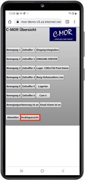 Videoüberwachung Smartphone Menü Aufruf der Desktop-Seite.