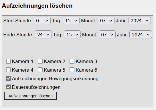 Auswahl Datum und Kamera um Videoüberwachungsaufnahmen zu löschen