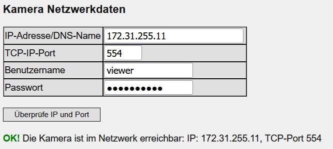 Erfolgreicher Test der Kameraerreichbarkeit. Die ausgewählte Kamera ist von C-MOR aus erreichbar.