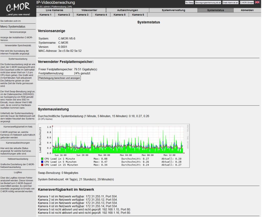 Die Systemstatus-Seite der Videoüberwachung C-MOR